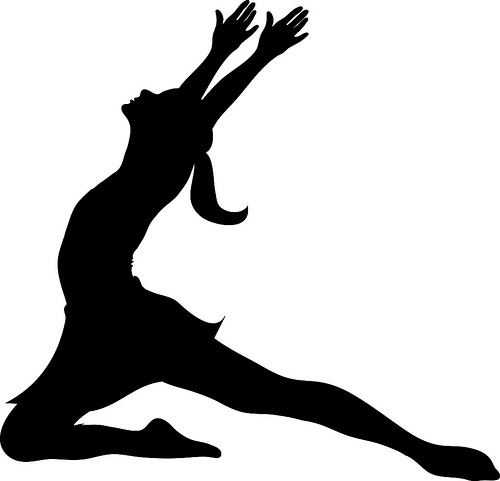 Clip art illustration of a silhouette of a ballet dancer lunging during practice.