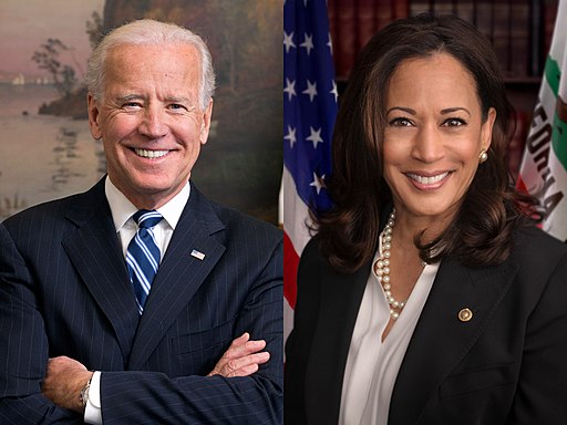 A collage with Joe Biden on the left side and Kamala Harris on the Right Side
The White House, and United States Senate, Public domain, via Wikimedia Commons
